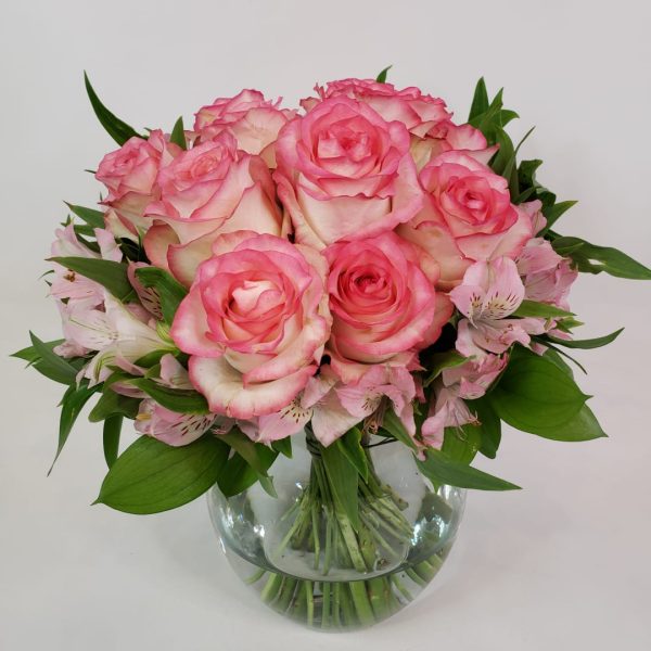 Buquê 12 Rosas Nacionais "Meu Carinho (Rosa)" vaso de vidro