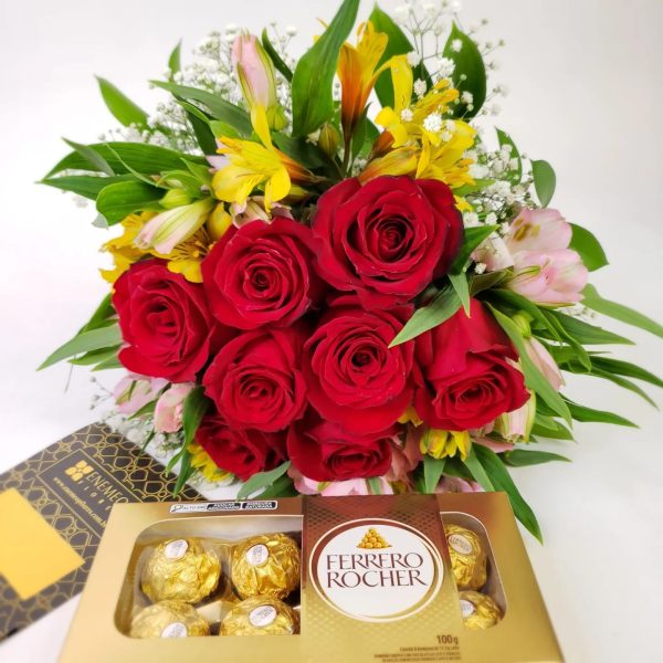 Buquê de Rosas Nacionais Chamego Doce e Chocolate Ferrero Rocher